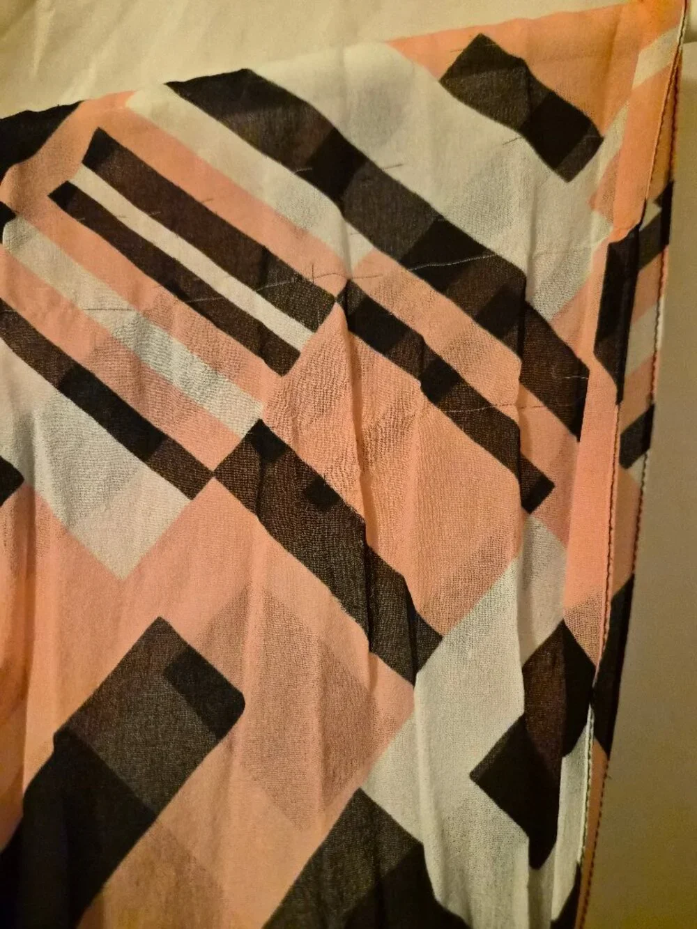 Vintage 80s Scarf Geometric Abstract Print Peach Black White Retro Mod Accessory